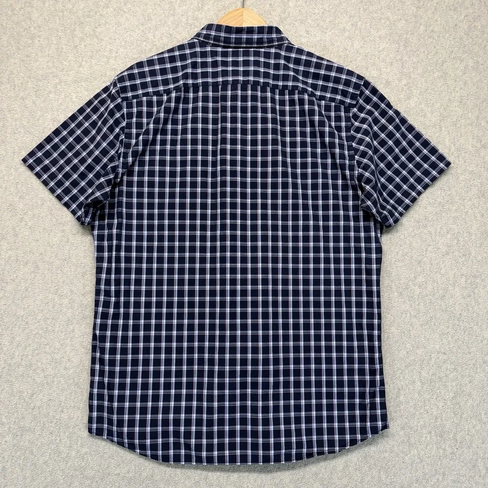 Banana Republic Mens Large Standard Fit Plaid Button Up Shirt Navy Short Sleeve